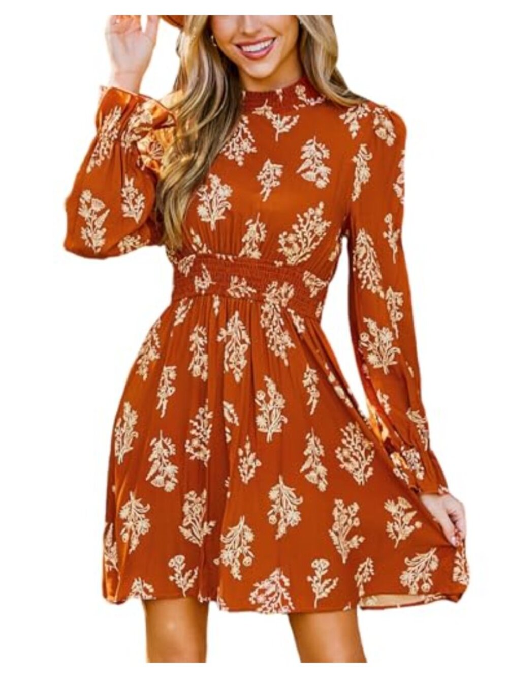 Mock Neck Floral Mini Dress Long Ruffle Sleeve Smocked Waist